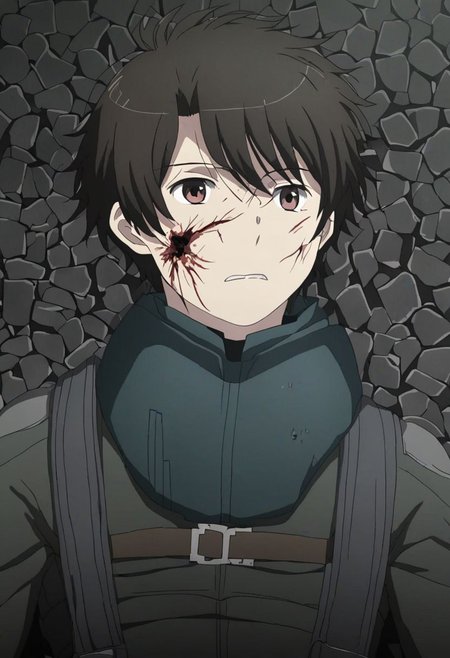high resolution, solo, best quality, 1Boy, Inaho Kaizuka, Black Hair, Brown Eyes, fell down, revenged, conquered, dying, battered, bruised, OverallDetail