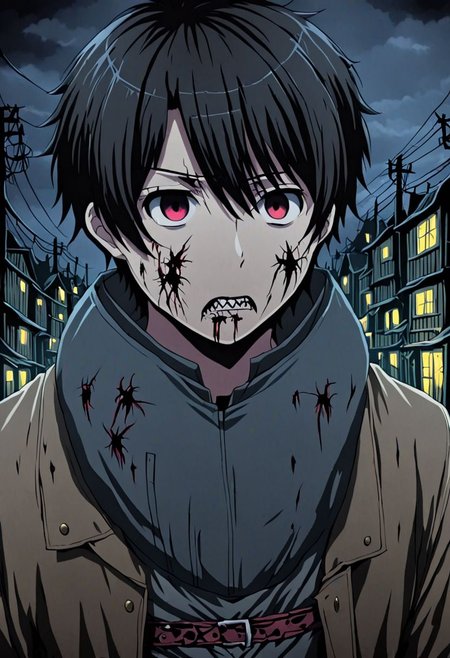 high resolution, solo, best quality, 1Boy, Inaho Kaizuka, Black Hair, night, gloomy eyes, horrorcore, OverallDetail