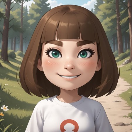 score_9, score_8, BREAK, solo, mii, wii u, wii sports club, 1girl, female mii, cute, green-ish brown hair, brown eyebrows, white skin, green eyes, small nose, blush, smile, long hair, fringe, white clothing, white pants, sneakers, small breasts, Millie_(\Wii_Sports_Club\), Nintendo Mii, modern_mii, classic_mii, sexy pose, self portrait, smile, outdoors, sunlight, shadows, evening lighting, natural lighting, forest, trees, grass, orange sky, sunset