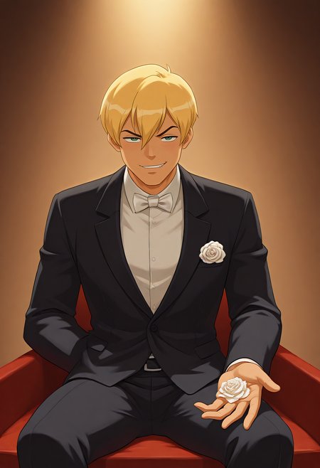 embedding:Illustrious\Positive\IllustriousQual, embedding:Illustrious\Positive\IllusP0s,   kylekatz_ts!, 1boy, male focus, blonde hair, light tanned skin, green eyes, smirk, formal, bowtie, bow, offer a hand, suit, tuxedo, white rose, sitting best quality, high resolution, masterpiece.