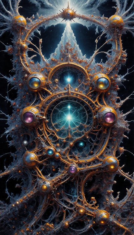 This is a highly detailed fractalex digital painting in a baroque style a compelling use of (snellâs law) how light travels through the lenses of spheres creating a gateway to other dimensions through an Electrified spectrum of fractal separation into multidimensional gateways with views of spiral galaxy, before entering a newdimension. precise fractal design, flowing curves, precision, colorful fractal geometry, harmonic interference, dismrt style, realism, detailed digital illustration, photo manipulation, altered realities, digital artistry, striking visuals, chiroscuro lighting, masterpiece, best quality, highres, high detail, sharp focus, detailed background, light reflection, photo-realistic,  <lora:Epic_gorgeous_Details-flux.1:0.5> <lora:Amazing_scenery_v1:1> <lora:P-Mystic-Fusion_v10:0> <lora:flux.1_lora_surreal-tones_v1:0> <lora:RealisticDigitalPainting-flux:0.6> <lora:Electrified_Flux_v1:1> <lora:Dorota_Pietrowiak-Flux:0.3> <lora:best_of_flux_v30_rank64_bf16-step01750:0.65> <lora:ral-frctlgmtry_flux:0.65> <lora:fractalex:0.5441650390625> <lora:-_Flux1_-_vanta_black_V2.0:1>