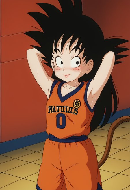 score_9, score_8_up, score_7_up , , source_anime, intricate details, masterpiece, high quality, prefect hands, best quality,, 1girl, solo,  upper body , anime screencap,
, blush ,
, GGoku , black hair, black eyes, big eyeballs , spiked hair , long hair  , monkey tail ,   eyelash , lips  , cute ,  small breast , breast ,   chibi , <lora:GGoku-000003:1>,
 <lora:basketball-uniform-ponyxl-lora-nochekaiser:1> , oversized shirt , , basketball uniform , sweating , armpit , basketball uniform, basketball jersery, sportswear, jersey, shorts, sleeveless, gym , basketball stadium ,