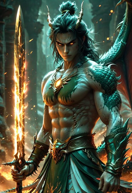 minimalism style, WLOP art style, (a character worrior with raised the long ghostblade in hand, facial muscles,  eye light, sharpness, dragon behind), cinematic foootage, (full body), dark anime fantasy, intricate details,8k post production, faithful, Religious denomination,colorful cinematic, dark green red white blue gold fire tone