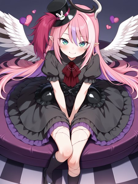 angel,ghostrick angel of mischief,1girl,solo,spread wings,stitched heart,smile,sitting,blush,simple background,looking at viewer,black kneehighs,black layered dress,red ascot,black corset,black mini top hat,black shoes,black nails,veins,from above,checkered floor,
masterpiece,best quality,amazing quality,very aesthetic,absurdres,newest,<lora:Ghostrick Angel of Mischief illusXL v1:0.75>,