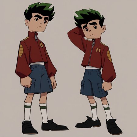 porn, score_9, score_8_up, score_7_up BREAK jlong2, 1boy, spiky black hair, green hairtips, black eyes, thick eyebrows, red jacket with yellow details, blue cargo shorts, socks, black white shoes,