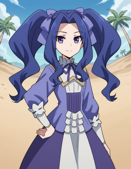 score_9, score_8_up, score_7_up, source_anime, <lora:melty-q-melromarc-s1-ponyxl-lora-nochekaiser:1>, melty q melromarc, long hair, ribbon, twintails, blue hair, purple eyes, hair ribbon, purple ribbon, parted bangs,, long sleeves, dress, frills, ribbon trim, purple dress,, oasis, water, palm trees, desert, life, smile, smug, hand on own hip,, looking at viewer, solo,, dutch angle, cowboy shot