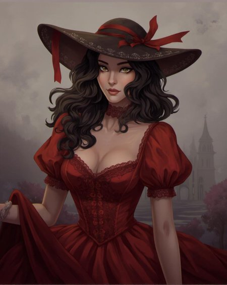 <lora:ck-LttleGhost-000011.safetensors:1> in the style of ck-lttlegh0stA stunning woman in a ravishing red dress with lace trim and puffed sleeves, adorned by dark curly hair cascading down her back beneath an ornate hat with a flowing ribbon. Set against a muted foggy background that amplifies the surreal, yet elegant atmosphere.