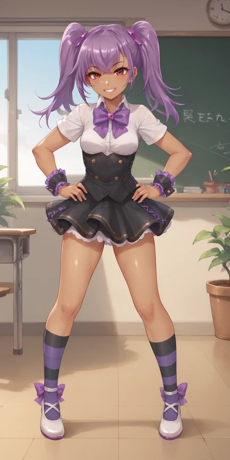 score_9, score_8_up, score_7_up, 1girl, mature female, shiny skin, <lora:Expressive_H:0.8>, <lora:Chris:0.8>,chris, purple hair, red eyes, hair ornament, dark-skinned female, twintails, bangs, black skirt, purple bowtie, full body, striped socks, black socks, long hair, looking at viewer, solo, standing, black corset, white shirt, wrist cuffs, white footwear, purple ribbon, small breasts,indoors, chalkboard, classroom, day, window, potted plant,smile, teeth, hands on own hips,