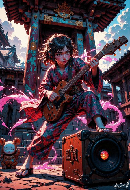 Dynamic low-angle shot with 16mm lens, pincushion distortion twisting the frame into a vortex of attitude. A young Japanese girl lunges forward mid-strike, electric shamisen raised like a weapon, neon strings vibrating with raw soundwaves. Her kimono flares around herâcrimson, cobalt, and molten goldâtraditional patterns shredded into graffiti streaks and lightning bolts. Oversized wooden headphones with delicate sakura carvings grip her head, tilted in fierce focus. The shamisenâs scorched body is wired to an electric guitar speaker box at her feet, branded "Mystic". Behind her rises an ancient Shinto templeâits serene architecture defaced with anarchic stencils and inverted hanko tags, a sacred place turned sonic battleground. A one-eyed daruma doll flickers with a hacked LED eye near the steps. Toxic pink and electric blue spotlights cut across her form, shadows snapping with distortion, as tradition and rebellion explode into sound, motion, and myth., CreeepyCuteMagic<lora:CustomFlux/MysticFantasy.safetensors:0.25000000000000006:0.25000000000000006> <lora:Flux/creeepycutemagic-000012 - version ER.safetensors:0.5000000000000001:0.5000000000000001> <lora:CustomFlux/MysticComic-v2.safetensors:0.5000000000000001:0.5000000000000001>