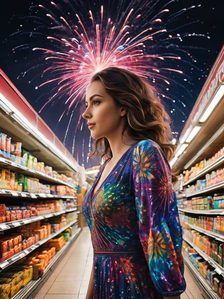 (((A beautiful Visionary Minded Innovator, 23 years old woman, with more, wearing Artistic Paint Splatter Dress.  Pretending to be an octopus at the grocery store, waving her arms dramatically and trying to âcatchâ unsuspecting shoppers with invisible tentacles..))) Sporting Spores That Induce Paranoid Hallucinations: Inhale them to see enemies and dangers that aren't really there.,Creative Long Exposure with Fireworks: During fireworks displays, use long exposures (5-10 seconds) to capture streaks of light as they explode across the sky. Experiment with zooming during exposure for unique effects..(dynamic:1.1),sun rays,(taken by 12.5mm fisheye lens:1.1),
(Vivid, HDR, Canon50, 8K, Hyper Realistic, Dramatic, Epic, Dynamic Contrast, Cinematic Lighting, increased brightness)(((Zoomed Out, Far away Shot))) = =. Epic dynamic lighting , vibrant,highly detailed,psychedelic,((Psychedelic, rainbow glow ))
((Vivid, Epic, Dynamic contrast)) (((Zoomed out, Far away shot, In frame)), (((Cinematic)))
<lora:juggernautXL_version6Rundiffusion:0.8> <lora:crystalClearXL_ccxl:0.8> <lora:QuadpipeQp_sdxlV2:0.8>
 <lora:RMSDXL_Photo:0.8>, - Generate images with sharp edges and fine details.
- Produce high-resolution images with no blurriness or distortions.
- Create images with clear and well-defined subjects.
- Ensure that the output images have crisp lines and distinct features.
- Generate images with vibrant colors and accurate tones.
- Avoid noise or artifacts in the generated images.
- Focus on producing clear textures and patterns in the images.
- Emphasize clarity and definition in all aspects of the generated images.
- Prioritize the sharpness and clarity of the main subjects in the images.
- Optimize the AI model to produce clear and visually appealing images., Wlop
