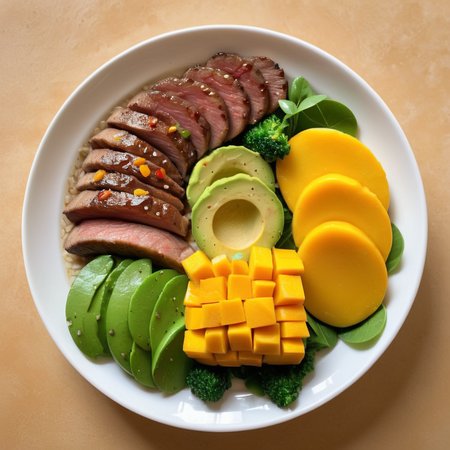 avocado,Generate a realistic photo of a neatly arranged, healthy fitness meal, consisting of a generous portion of meat, slices of mango, and a variety of vegetables. The ingredients should be displayed in an organized manner on the plate, emphasizing the harmony of colors and textures. The meat should be succulent and well-seasoned, but without any black pepper. Vegetables should add a fresh and vibrant green to the composition, creating a visually appealing contrast with the yellow of the mango and the rich color of the meat. The presentation is key, with each component of the meal having its distinct place on the plate, showcasing a balance of nutrition and aesthetics, <lora:fitfood:0.8>,fitfood