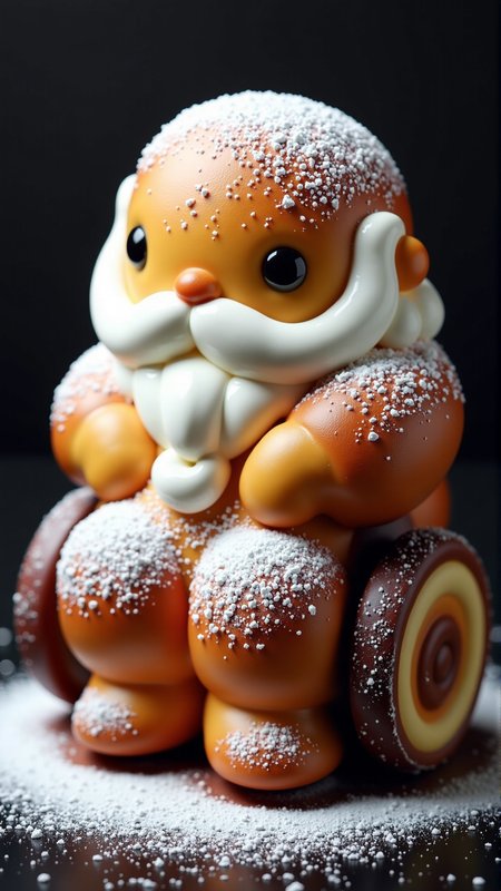 A photo of a SemlaStyle Marvel's character: Professor X, Charles Xavier, bald man in a wheelchair <lora:wheelchair:1>, psychic powers, magical made entirely out of semla which made out of wheat material with whipped cream and with powdered sugar on top. Food craft.<lora:SemlaStyleFlux:1>