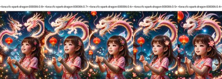amazing quality, masterpiece, best quality, hyper detailed, ultra detailed, UHD, DOF, depth of field, HDR, perfect anatomy
solo, cute, kawaii, brown hair, joyfully plays with fairy wand, waving it in the air, red lantern, wearing pink cheongsam, milky way,
a small cfc-spark-dragon above the fairy wand, translucent, dazzling, shine, sparking, trajectory of sparks,
<lora:cfc-spark-dragon-000006:0.8>,
<lora:ral-lnrnwyr:0.5>, ral-lnrnwyr,
<lora:add-detail-xl:0.75>,
<lora:extremely_detailed:0.75>, extremely detailed,
<lora:quality1:1.0>,
<lora:DonM3t3rn1tyXL-v1.1-000008:0.7>, DonM3t3rn1tyXL,
<lora:zavy-chnsdrgn-sdxl:0.5>, zavy-chnsdrgn,
SK_Fantasy,