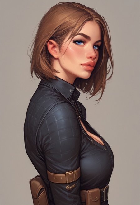 from side, from front, 1girl, illustration, comic style, looking at viewer, highly detailed, source_comic_illustration, score_9, score_8_up, score_7_up, score_6_up, score_5_up, score_4_up, 1girl, from side, from front, 1girl, illustration, comic style, looking at viewer, highly detailed, source_comic_illustrationskinny, looking at viewer, dynamic angle, long bob brown hair, long bangs, blue eyes, medium breasts. cleavage, sexy adult woman, 25yo, purple and black plaid kilt, black tank top, knee boots, thick black belt, belt pouch, 
depth of field, <lora:th1nbodysu1tpdxl2:0.8>
((full-clothed)),
BREAK 
strange world background score_9, score_8_up, score_7_up, score_6_up, source_cartoon, rating_explicit, Expressiveh, ((((upper body, portrait))))), dynamic pose, dynamic pose