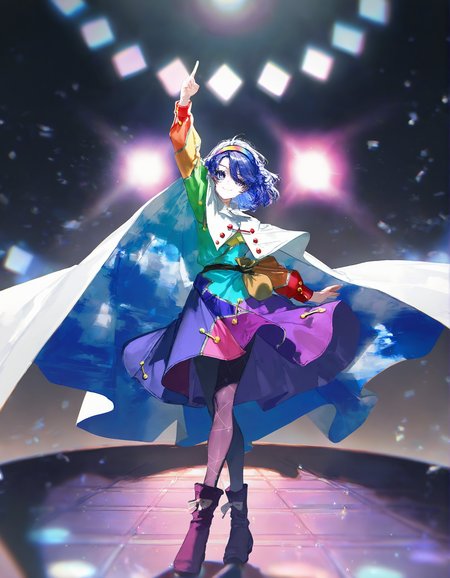 tenkyuu_chimata, 1girl ,rella, quasarcake:0.7, rolua, optical illusion, negative space, saturday_night_fever,blue_hair, breasts, cape, hairband , looking_at_viewer ,multicolored_hairband, pantyhose, purple_eyes ,short_hair ,smile, solo, sweat ,white_cape, disc,  disco,CDs, arm_up , index_finger_raised, outstretched_arm , dance_floor, dancing,wide shot, one hand point to sky one hand point to the ground,
<lora:illustrious_noobai_epsilon_pred_1_best_quality_v1:0.7> ,<lora:illustrious_noobai_epsilon_pred_1_masterpieces_v1:0.7>, <lora:ponyv4_noob1_2_adamW:0.5>, <lora:add_details_xl:0.7>, <lora:CDs_SDXL:1>,
masterpiece, best quality, amazing quality, very aesthetic, absurdres, newest,