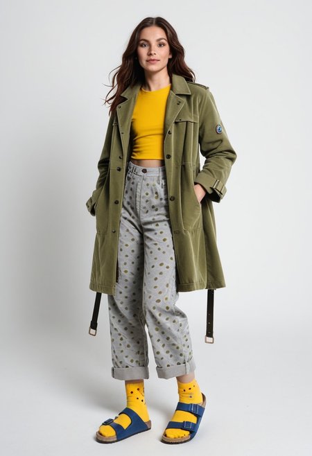 (realistic photograph of woman wearing socks sandals trousers coat), 1girl, solo, dynamic_pose, simple_background, white_background, scksnsndls, patterned blue and yellow socks, gray trousers, red and green coat, full_body, birksonsocks, birkenstock