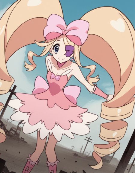score_9, score_8_up, score_7_up, source_anime,
nuiharime, <lora:nui-harime-s1-ponyxl-lora-nochekaiser:1>,
nui harime, big hair, blonde hair, blue eyes, drill hair, eyepatch, hair bow, long hair, pink bow, twin drills, twintails,
boots, bow, dress, eyepatch, hair bow, pink footwear, strapless, strapless dress,
outdoors, wasteland, bent over, smile,
solo, dutch angle, looking at viewer, cowboy shot,