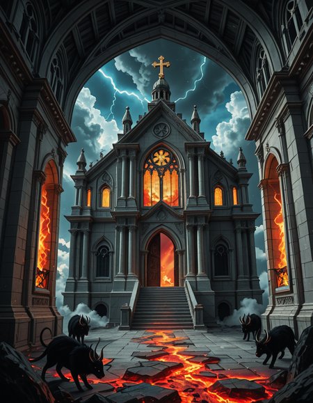 A once-majestic celestial temple, now under siege by the forces of Hell. The grand white stone structure is cracked and scorched, its golden crosses twisted and broken. The stained-glass windows, once glowing with warm divine light, are now shattered, with demonic symbols glowing ominously in their place. The sky, once a serene blue, is now consumed by dark storm clouds, swirling with red lightning and thick smoke.
Black, jagged chains extend from the sky, wrapping around the temple as if trying to pull it down into the abyss. The once-fluffy clouds beneath the structure are now a chaotic mix of fire, ash, and dark mist, with glimpses of molten lava cracks below. Infernal creatures with glowing red eyes lurk in the shadows, their silhouettes barely visible through the smoke and fire.
The temple doors are blown open, revealing an eerie red glow emanating from within, as if Hell itself is consuming the sacred space. Massive demonic runes are etched into the stone, pulsating with an unholy energy. The entire scene is bathed in a deep crimson and orange glow, giving it an apocalyptic and nightmarish atmosphere.
Style & Lighting:
- Dark fantasy, highly detailed
- Dramatic, high-contrast lighting with fiery glows
- Cinematic composition, epic scale
- Strong use of shadows, embers, and atmospheric foghighly detailed and atmospheric view from inside a massive birdcage, large enough for a human to stand inside. The cage is made of ornate, aged metal bars with intricate Victorian-style patterns, curving elegantly towards the domed ceiling. Sunlight filters through the gaps between the bars, casting long, dramatic shadows on the wooden floor. Delicate vines and small flowers have begun to grow around the bars, adding a touch of nature reclaiming the space. The background beyond the cage is blurred, hinting at a lush garden or a mysterious, abandoned mansion. The ambiance is serene yet slightly melancholic, with warm golden light illuminating dust particles floating in the air. Soft feathers are scattered on the floor, adding to the sense of quiet abandonment. The perspective makes the viewer feel as if they are inside the cage, looking outward, surrounded by both beauty and confinement. The style is highly detailed and realistic, with a cinematic and slightly surreal atmosphere.
<lora:SDXLFaeTastic2400:0.4> <lora:extremely_detailed:0.4> extremely detailed, <lora:evil_celestial_t3mpl3-i:1>,evil celestial t3mpl3, Masterpiece,best quality,hi res,8k,hi res,8k,award winning,(sharp focus, intricate, highly detailed),