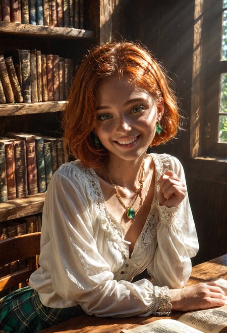 Stable_Yogis_PDXL_Positives, (Masterpiece, Best Quality, Highres:1.2, 8K, UHD), RAW photo, photorealistic, realistic, extremely detailed, 1girl, sitting on old wood table, side view, 19 years old, Irish girl, very skinny, slim body, cute, regular face, fit, beautiful stunning girl, (soft smile:0.4, perfect white teeth), beautiful girl, she is blushing, (very frecky face), ginger hair, bob cut, blunt ends, blunt bangs, gorgeous, narrow waist, petite:1.3, cute face, cute girl, blushing, (big perfect emerald green eyes:1.6) , small mouth, small button nose, ((pale skin)) medium perky breasts, body very freckles, old library, books, bookshelves,   moaning, horny, dynamic pose, soft green eyeshadow, dynamic pose, young, cute, slender, sexy, (cute face), (emerald gold necklace), (fully long blouse:1.7),  red short tartan skirt, emerald gold earrings, sweet, natural skin texture,  youthful face, dramatic lighting, candid, perfect eyes, <lora:Pony Realism Slider:3.0>, (seeing viewer:1.4),  <lora:Dramatic Lighting Slider:2>,  <lora:Expressive_H-000001:1> expressiveh,