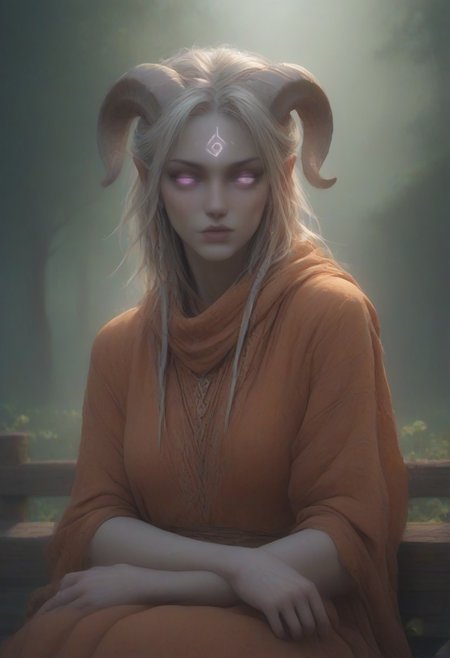 (absurdres, best quality, masterpiece:1.4), score_9, score_8_up, score_7_up, score_6_up, detailed, detailed body, detailed face, world of warcraft, fantasy, <lora:add-detail-xl:1.5>, 
culDraenei, purple eyes, no sclera, no pupils, 
(orange robe, orange silk scarf), sitting on fence, 
upper body,
outdoors, forest