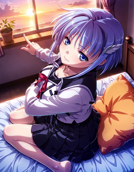 (1girl, solo:1.3), (2girls, 3girls, 4girls, multiple girls, 2boys, 3boys, 4boys, multiple boys:-1.5) <lora:Kajio_Honoka_Denshanai_de_Now_Illustrious:0.9>, kajio_honoka, medium breasts, blue eyes, blue hair, short hair, bangs, sidelocks, hair ornament, school uniform, serafuku, red ribbon, black skirt, pleated skirt, light smile, (half-closed eyes:0.7), general, contrapposto, dynamic pose, pointing at viewer, upper body, from side, from above, , indoors, bedroom, bed sheet, pillow, cushion, hugging cushion, on bed, lying, window, outdoor view, curtains, plant, potted plant, flower, (perspective:0.7), barefoot, <lora:NOOB_EPSv1_1_detailer_by_vlnvk_v1_0:1.5>, (photo background:0.7), evening, (tachibana yuu:0.6), inue shinsuke, (kazuma muramasa:0.0), saikawa yusa, (aoi manabu:0.6), abarerumidori, (suzui narumi:0.6), masterpiece, newest, absurdres, 8K, anime screenshot, anime coloring, flat color, official art, film grain, <lora:illustriousXLv01_stabilizer_v1.185c:0.7>, <lora:LECO_Solo:-4.0>,