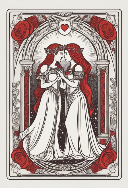 tarot card, the lovers, front perspective, flat, frame, square, white (outline:1.1)