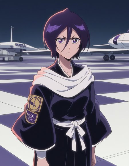 score_9, score_8_up, score_7_up, source_anime, <lora:rukia-kuchiki-tybw-ponyxl-lora-nochekaiser:1>, rukia kuchiki, black hair, hair between eyes, purple eyes, short hair, medium breasts, anime screencap, japanese clothes, kimono, hakama, black kimono, long sleeves, wide sleeves,, airport, planes, passengers, terminal, security, , v,, looking at viewer, solo,, cowboy shot, solo