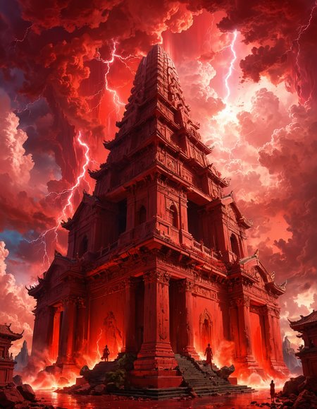 by Philippe Caza, by Bastien Lecouffe-Deharme, by __photographers__ ,  red, coral, crimson, maroon, burgundy, (the towering temple of the gods:1.4), anime, highly detailed and hyper surrealistic, perfect composition, harmonic colors, dramatic lighting, neon red sky with heavy clouds, lightning and vibrant energy illuminates the sky, low angle panoramic view
<lora:add-detail-xl:0.5> <lora:xl_more_art-full_v1:0.5> <lora:MJ52_v2.0:0.5>  <lora:MJ52:0.2>