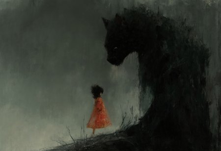 A surreal fantasy digital painting features a large black cat with striking yellow eyes as the focal point. Textured brushstrokes render its fur with depth. The cat sits low, its slightly tilted ears conveying curiosity. Before it stands a small, pale silhouette of a girl in a bright red kimono with intricate gold patterns. The flowing kimono adds movement as she reaches towards the cat. A minimalistic gradient background of dark to light gray creates depth without distraction. The overall mood is serene yet eerie, with the towering cat staring sternly, establishing a dynamic and slightly intimidating relationship. Rich textures emphasize the cat's soft fur and the kimono's smooth fabric. The color palette is dominated by cool tones, highlighted by the vibrant red dress.