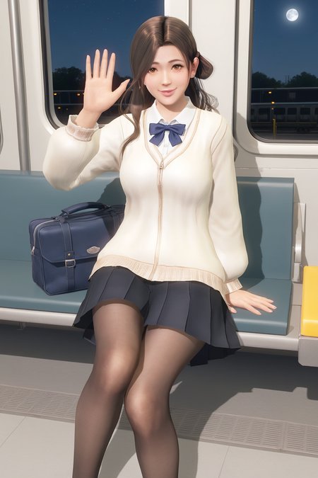 score_9,score_8,score_7_up,best quality,high detailed,
sayuri \(doa\),
mole under eye, brown eyes, dark brown hair, shiny hair,long hair, wavy hair, half updo, parted bangs, asymmetrical hair, single side bun,
waving arm,seductive_smile,sitting,looking at viewer, 
yellow sweater jacket,open jacket,white shirt,shirt_tucked_in, long sleeves,sleeves pass wrist, black_collar,black pleated skirt,(brown loafter),black pantyhose, blue bowtie,school bag,
crowded,people,rushing hour, train cabin,full body,
BREAK,
moon,night,meteor,hanabi,cumulonimbus,reclining on the Subway station: Trains, commuters, platform, tickets, rush hour,
portrait,depth of field,
 <lora:doa_sayuri_pdxl_v11:0.9>