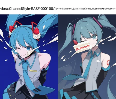 channelstyle,dark theme,dark blue background,
channelstyle, 1girl, hatsune miku, solo, in the face, blue background, strawberry, twintails, one eye closed, food, necktie, long hair, detached sleeves, fruit, skirt, grey shirt, shirt, arms behind back, sleeveless shirt, sleeveless, floating hair, hair ornament, simple background, bare shoulders, smile, tattoo, blue eyes, number tattoo, cream, black skirt, blue hair, food-themed hair ornament, blue necktie, cake, headphones, looking at viewer, pleated skirt, collared shirt
 <lora:ChannelStyle-RASF-000100:1>channel \(caststation\)