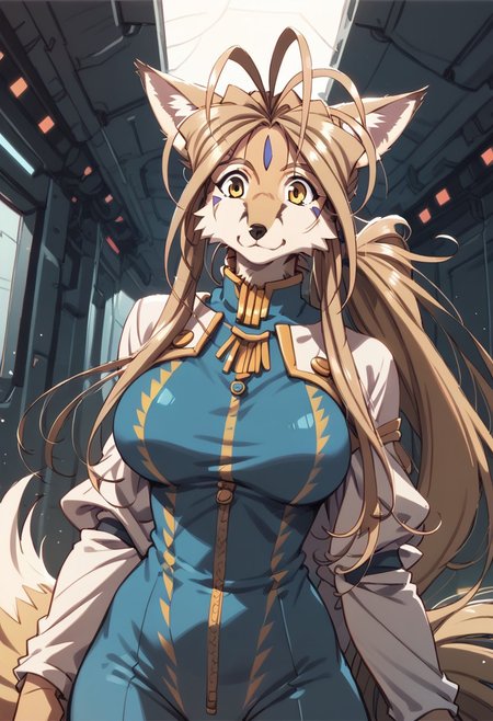 Expressiveh, negative_hand, score_9, score_8_up, score_7_up, belldandy as an (anthro fox),long oval face, short snout, two toned fur, large fox ears, fox tail, animal nose, yellow fur, white facial fur, tan hair, long hair, parted bangs, gold eyes, white triangle forehead gem, large breasts, skintight bodysuit, futuristic bodysuit, standing at attention,