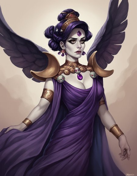 score_7_up, score_6_up, dutch angle, realism, isat4n-dh, nyx, pale skin, wings, forehead jewel, makeup, hair bun, earrings, purple dress, necklace, cleavage, hair ornament, shoulder armor, armlet <lora:add-detail-xl:0.5> <lora:sinfully_stylish_SDKL:0.5> <lora:Artist_Style_-_isatandoomsatan666_PDXL:1>  <lora:nyx-guy-PONYv1:0.5>