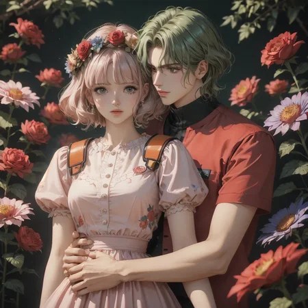 score_9_up, score_9, score_8_up, score_7_up, rating_explicit, anime, highly detailed, extremely detailed, best quality, masterpiece, 1boy, 1girl, couple, boy's arm around girl's waist, hand on waist, girl grabbing boy's arm, boy in shirt, short sleeves, flower pin, red rose pin, girl in dress, short dress, summer dress, flower crown, flower meadow, colorful flowers, soft colors, low saturation, red flowers, yellow flowers, blue flowers, purple flowers, ((pastel colors)), pastel_style, ((flowers)), [[long shot]], medium long shot, wallpaper, rating_safe, pastel style, Midori Kohakobe, Long, dark green hair, Wavy hair, Green eyes, Fair skin, Casual clothing, Relaxed style, No visible accessories, Slender build, midori, lips,