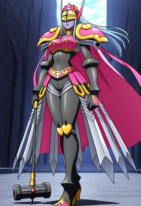 finetuneanime, anime screencap, official art, detailed anime, ultra detailed anime art, anime screencap, screencap, score_9, score_8_up, score_7_up, masterpiece, anime coloring, source_anime, Queen Chessmon, 1girl, armor, long hair, cape, black bodysuit, shoulder armor, colored skin, breastplate, bodysuit, (((large breasts, curvy, wide hips))), narrow waist, digimon \(creature\), high heels, weapon, silver-blue hair, helmet, pauldrons, grey skin, boobplate, heart, gloves, crown, boots, covered eyes, pink cape, full armor, parted lips, ((lipstick, purple lips)), belt, black gloves, spikes, waist cape, faulds, gauntlets, makeup, horns, jewelry, shoulder pads, mask, gold armor, bracelet, skin tight, armored skirt, swords on skirt, high heel boots
BREAK 
Stable_Yogis_PDXL_Positives, fullbody shot, standing, (((side view))),  ((1hand holding war hammer, holding weapon, war hammer)), posing, dynamic pose,