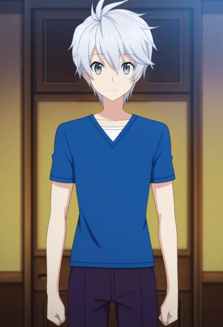 masterpiece, best quality, anime screencap, official style, anime coloring, cowboy shot, 1boy, solo, male focus, <lora:lux_arcadia_ilxl:0.94>, lux_arcadia, grey hair, grey eyes, short hair, hair between eyes, ,