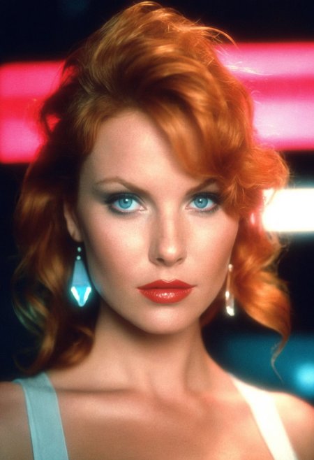 CinematicPortrait woman (analog photo) ginger (provocative  cleavage)  masterpiece indoors, (glossy  lipstick), blue eyes, (neon lights office), (soft focus, depth of field, film grain), (((looking at viewer))) <lora:CinematicPortraitXL_v3:0.25>  <lora:EuroBabe-v4-XL:0.35>
