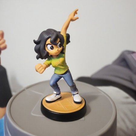 Amiibo, figure, round circular stand, detailed figure,]
-
elenamics, black hair, brown eyes,
-
,gren shirt, jeans, white sneakers
-
Battle pose,