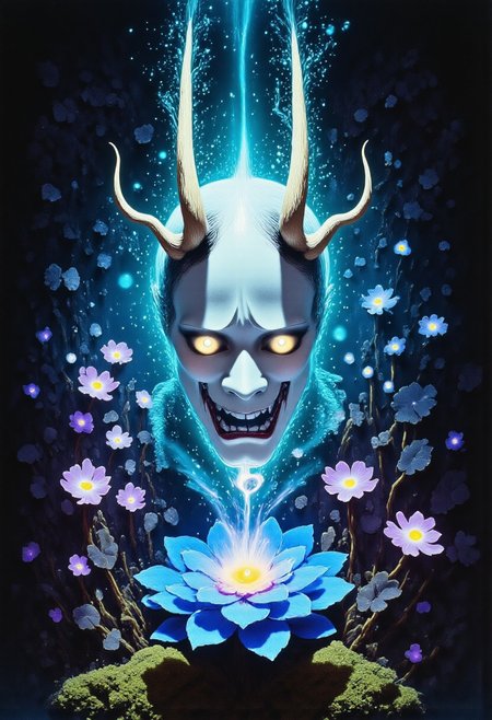 Satyr ArsMovieStill, movie still from a 1970s horror movie Studio Ghibli Dark Fairytale depicting a cursed hannya mask with horns and fangs blooming out of a blue lotus in a liminal bonsai garden with eerie radiating cyan and magenta miasma