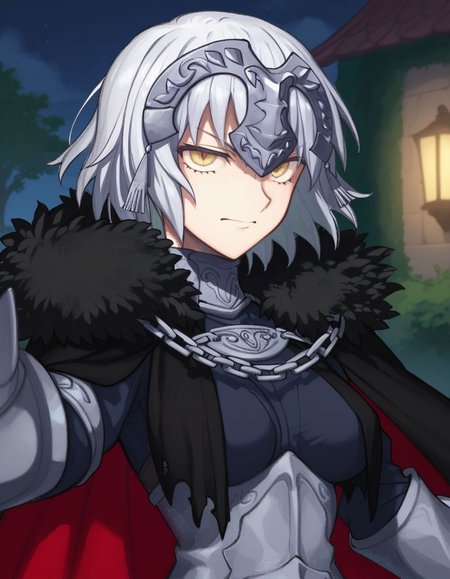 score_9, score_8_up, score_7_up, masterpiece, 
<lora:FSR:1>, outstretched arms, 
fsr, 1girl,solo,breasts,looking at viewer,short hair,bangs,night, garden, seiza, medium breasts, closed mouth, yellow eyes, upper body, grey hair, cape, armor, fur trim, chain, headpiece, armored dress, black cape, jeanne d'arc alter (fate), jeanne d'arc alter (avenger) (fate)