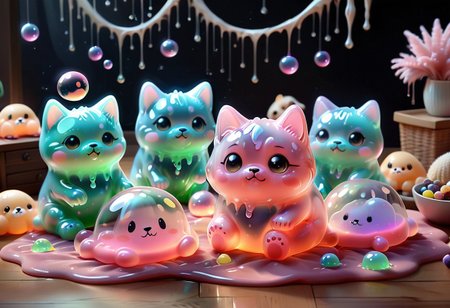 Cute slime-cats, chibi style, translucent gelatinous bodies, glowing pastel colors. Puppy-like features: floppy ears, wagging tails, shimmering eyes gazing upward (owner out of frame). Playful poses: sitting, paws raised, some tilting heads. Cozy room with tiny toy bones, jelly bowls, soft pillows. Bubbles and sparkles around them, cheerful atmosphere. Cartoonish textures: glossy slime, subtle drips, soft lighting. Bright colors with neon accents, no humans, whimsical pet vibes, Sl1m3d, slime-morph