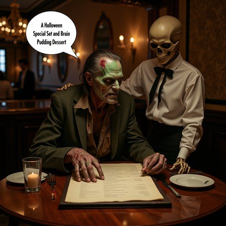 , In the dimly lit, opulent restaurant, shadows dance across the intricately designed wallpaper, creating an atmosphere that is both eerie and extravagant. At the center of a polished mahogany table, a decaying zombieâits skin mottled with shades of green and grayâsits hunched over, its hollow eyes fixated on an elegantly printed menu, which feels oddly out of place. The table is adorned with flickering candlelight, casting ghostly reflections that accentuate the zombie's tattered clothing, a once-fine suit now frayed and stained. 
Nearby, a meticulously dressed skeleton waiter, sporting a crisp white shirt and a black bow tie, stands patiently, his bony fingers delicately tapping on the table's edge. The atmosphere is charged with a surreal blend of luxury and grotesquery as the skeleton leans in, ready to take the zombieâs order. Above the zombie's head, a stark white speech bubble appears, the text inside whimsical yet unsettling: "A Halloween Special Set and Brain Pudding Dessert." The faint sound of clinking cutlery and distant murmur of other diners creates a peculiar juxtaposition against this hauntingly surreal scene, enveloping the viewer in an unusual yet captivating dining experience.