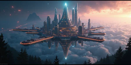 Highly detailed, high resolution photo,futuristic floating city in high orbit over a forest planet. Towering skyscapers,fiber optic highways,pulsating fractals,LED,swirling nebulae of neon-hued light.,  <lora:alien_landscape_flux:1> <lora:aidmaMJ6.1_v0.5_3:0.8> aidmamj6.1 <lora:aidmaImageUpraderv0.3:0.0.35> aidmaimageupgrader <lora:aidmaGLOWV4wc:0.8> aidmaGlow