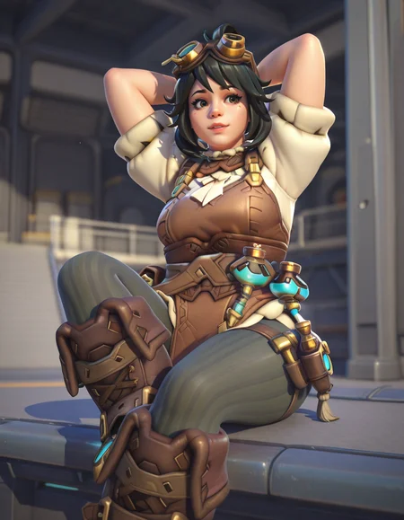 Masterpiece, high-res, 2k, best quality, 2.5d, realistic, ,  1girl, alchemist mei, mei (overwatch), black hair  <lora:mei_alchemist_illus-000043:1> Cross-legged arms folded behind head