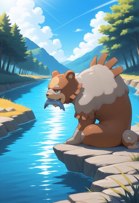 masterpiece,best quality,amazing quality, 1boy, solo,  luna, pokemon (creature), sitting, river,happy, walking, fish in mouth,

sunshine,