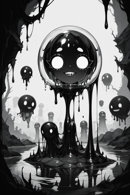 score_9, score_8_up, score_7_up, score_6_up, score_5_up, score_4_up, <lora:GRIM_v1:1>  greyscale, monochrome, limited palette, horror (theme), eldritch abomination, chaotic, silhouette,, <lora:wizardslimev15-t:1> wizardslimus, slime skin, transparent head, transparent body, transparent hair, transparent face, transparent, slime girl