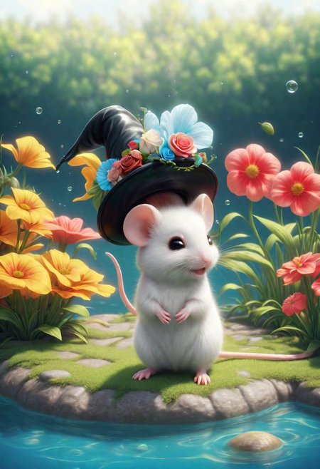 ral-fluff,<lora:ral-fluff:1>,
chibi,masterpiece,best quality,original,official art,black metallic fantasy mice,hat,flower,blurred background,rendering,beautiful detailed glow,(detailed ice),beautiful detailed water,sunny, blurred flower, happy, stand in Front of a House made of cheese