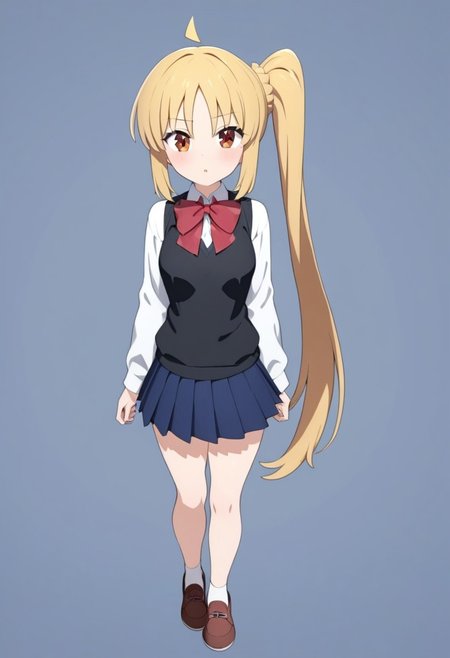 (masterpiece, best quality, amazing quality), anime, (1girl), full body, Ijichi_Nijika, red_eyes, blonde_hair, ahoge, long_hair, side_ponytail, small_breasts, black_vest, collared_shirt, white_shirt, long_sleeves, blue_skirt, pleated_skirt, red_bowtie, school_uniform, whitemold, 3d printed mold, art style, 3d printing