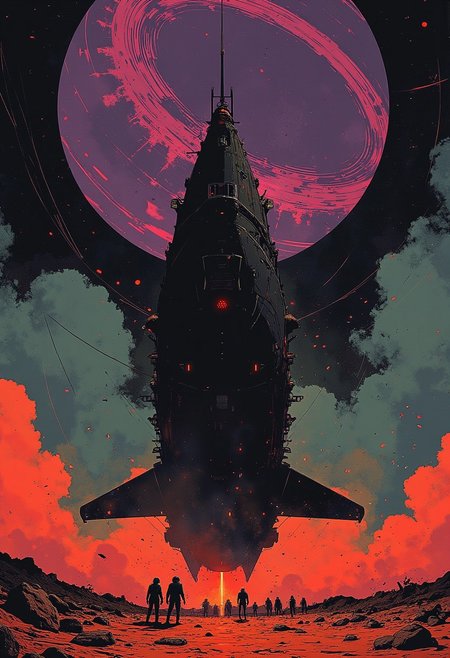 Desolate landscape, palette is darkest black, purple and bright red, white. destroyed spaceship, crater, wires and pipes sticking out, wires and pipes on the ground, swirling circle clouds, dense cloudse circular, bright red sad, pointy wings of the ship, silhouettes below the huge ship waiting to depart, crowd of people in the bright orange spacesuits,  whole picture is filled with dim smoke, black smoke dense, skies are filled with smoke, purple planets in the sky, sci-fi lines, white lines in the sky, bright red desert scene, desolate, intricate and detailed ship black ship with red lines, damaged ship planted into the sand,