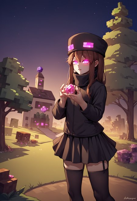 score_9, score_8_up, score_7_up, source_anime, 1girl, Enderman-chan, black jacket, high collar, enderman hat, black skirt, black thighhigh, garter straps, <lora:Enderman_XLPD:1>, holding, pearl (gem),  holding pearl (gem), night, outdoors, minecraft, tree, village, glowing eyes, round pearl (gem),